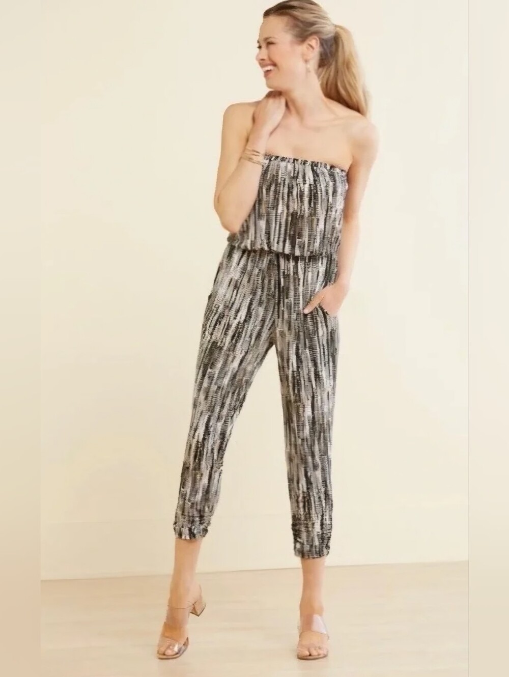 NWT Evereve Peyton Jensen Peri strapless jumpsuit Size M Side pocket
